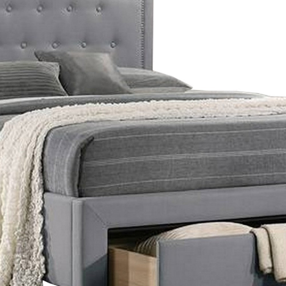 Buk Upholstered Tufted Twin Bed with Storage Nailhead Trim Gray Burlap By Casagear Home BM300215