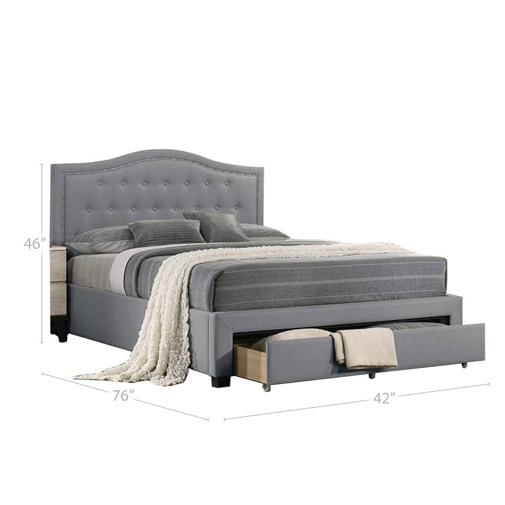 Buk Upholstered Tufted Twin Bed with Storage Nailhead Trim Gray Burlap By Casagear Home BM300215