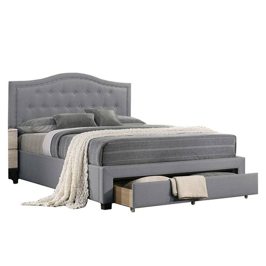 Buk Upholstered Tufted Twin Bed with Storage, Nailhead Trim, Gray Burlap  By Casagear Home