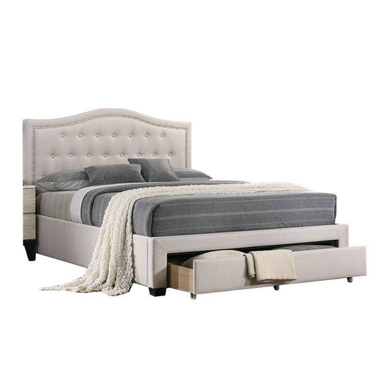 Buk Upholstered Tufted Twin Bed with Storage, Nailhead Trim, Ivory Burlap  By Casagear Home