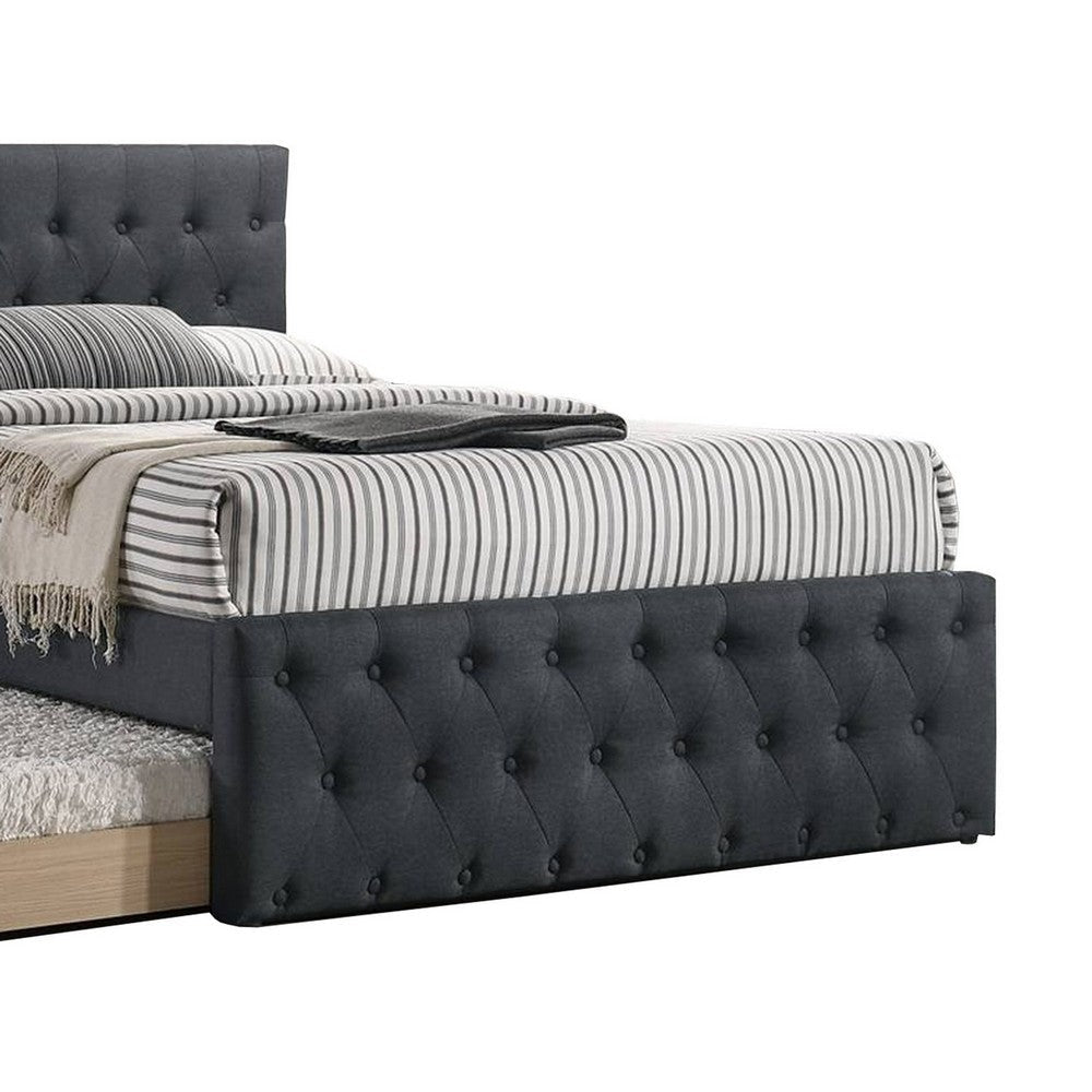 Nek Wood Twin Size Upholstered Bed with Trundle Tufted Charcoal Burlap By Casagear Home BM300230