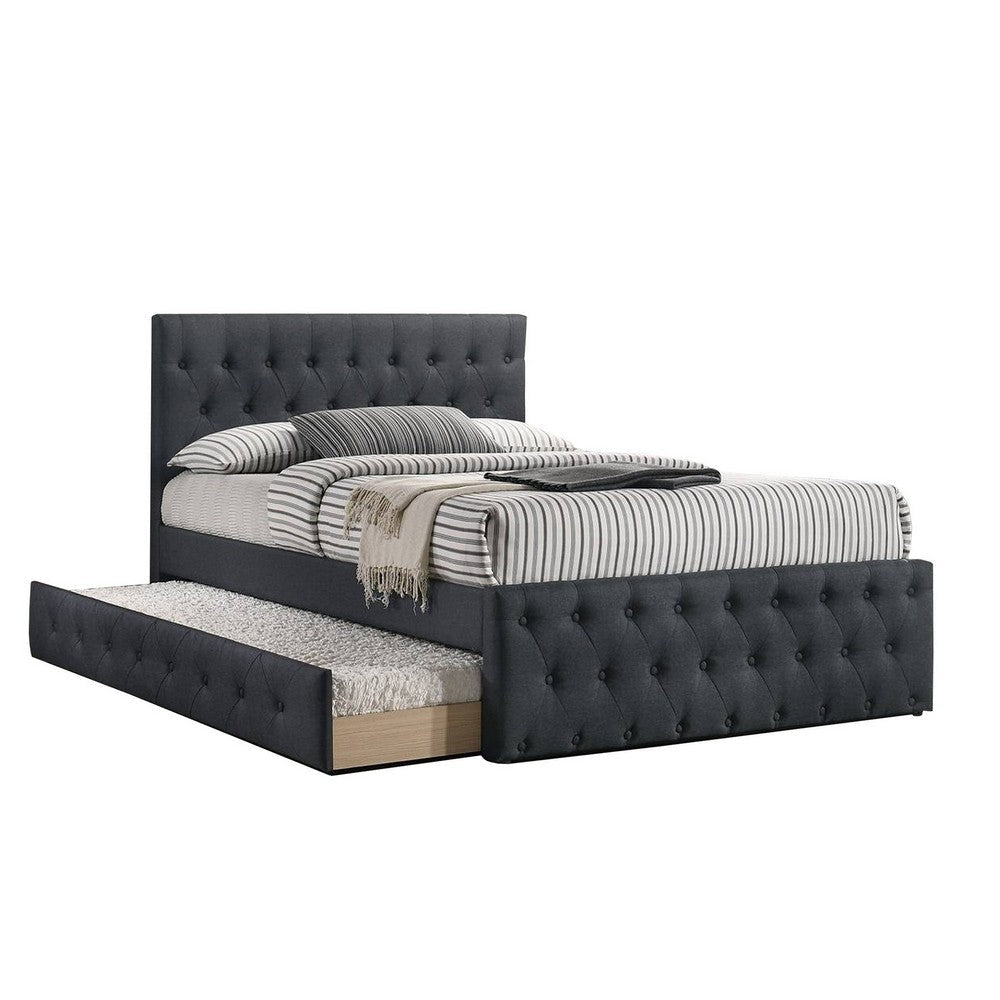 Nek Wood Twin Size Upholstered Bed with Trundle, Tufted Charcoal Burlap By Casagear Home