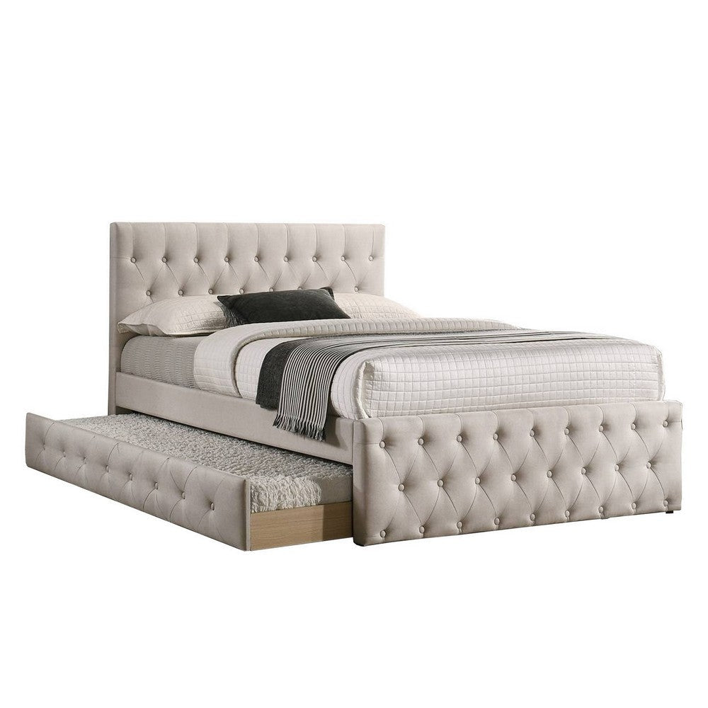 Nek Wood Twin Size Upholstered Bed with Trundle, Tufted, Taupe Burlap Frame By Casagear Home