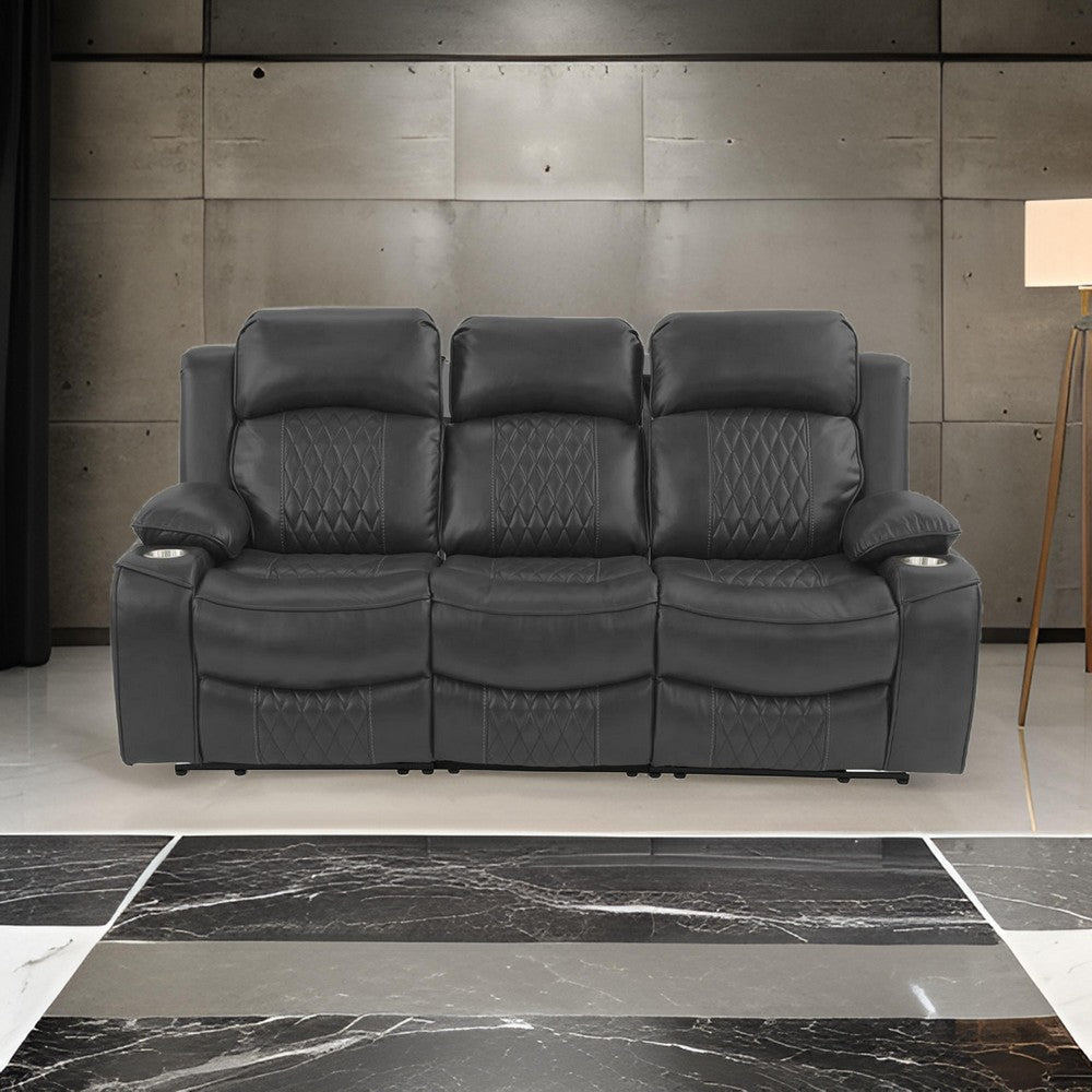 Seda 80 Inch Power Reclining Sofa USB Port Charcoal Vegan Faux Leather By Casagear Home BM300318