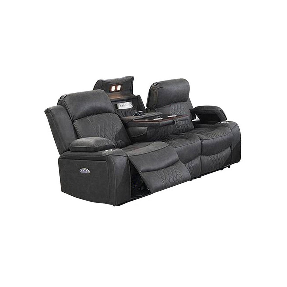 Seda 80 Inch Power Reclining Sofa, USB Port, Charcoal Vegan Faux Leather By Casagear Home