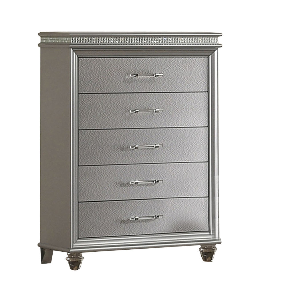 Sam 54 Inch Tall Dresser 5 Drawers Chest, Clear Acrylic Legs, Silver Finish By Casagear Home