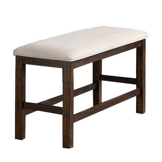 Shaw 47 Inch Counter Height Bench, Beige Padded Seat, Rustic Brown Base By Casagear Home