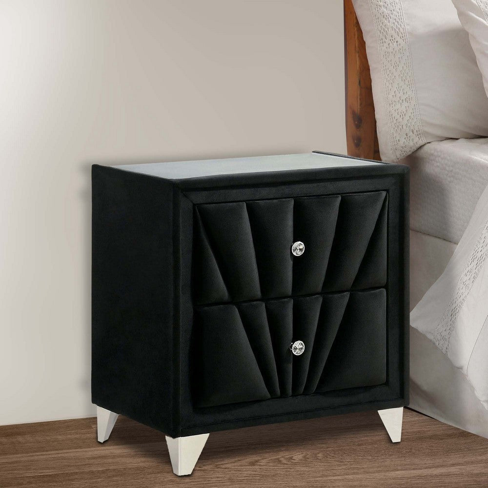 Ino 28 Inch Modern Nightstand Velvet Upholstery Art Deco Style Black By Casagear Home BM300693