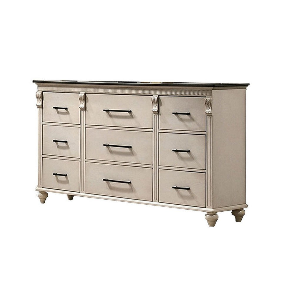 Giyu 63 Inch Modern Wide Dresser 9 Drawers Fluted Panels Antique White By Casagear Home BM300697