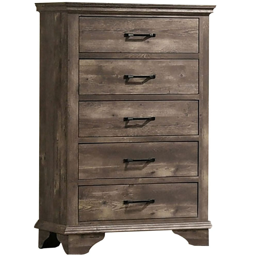 Fiza 52 Inch Tall Dresser Chest, 5 Gliding Drawers, Rustic Gray Solid Wood By Casagear Home