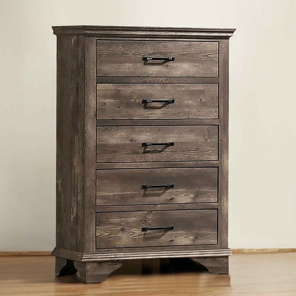 Fiza 52 Inch Tall Dresser Chest 5 Gliding Drawers Rustic Gray Solid Wood By Casagear Home BM300699