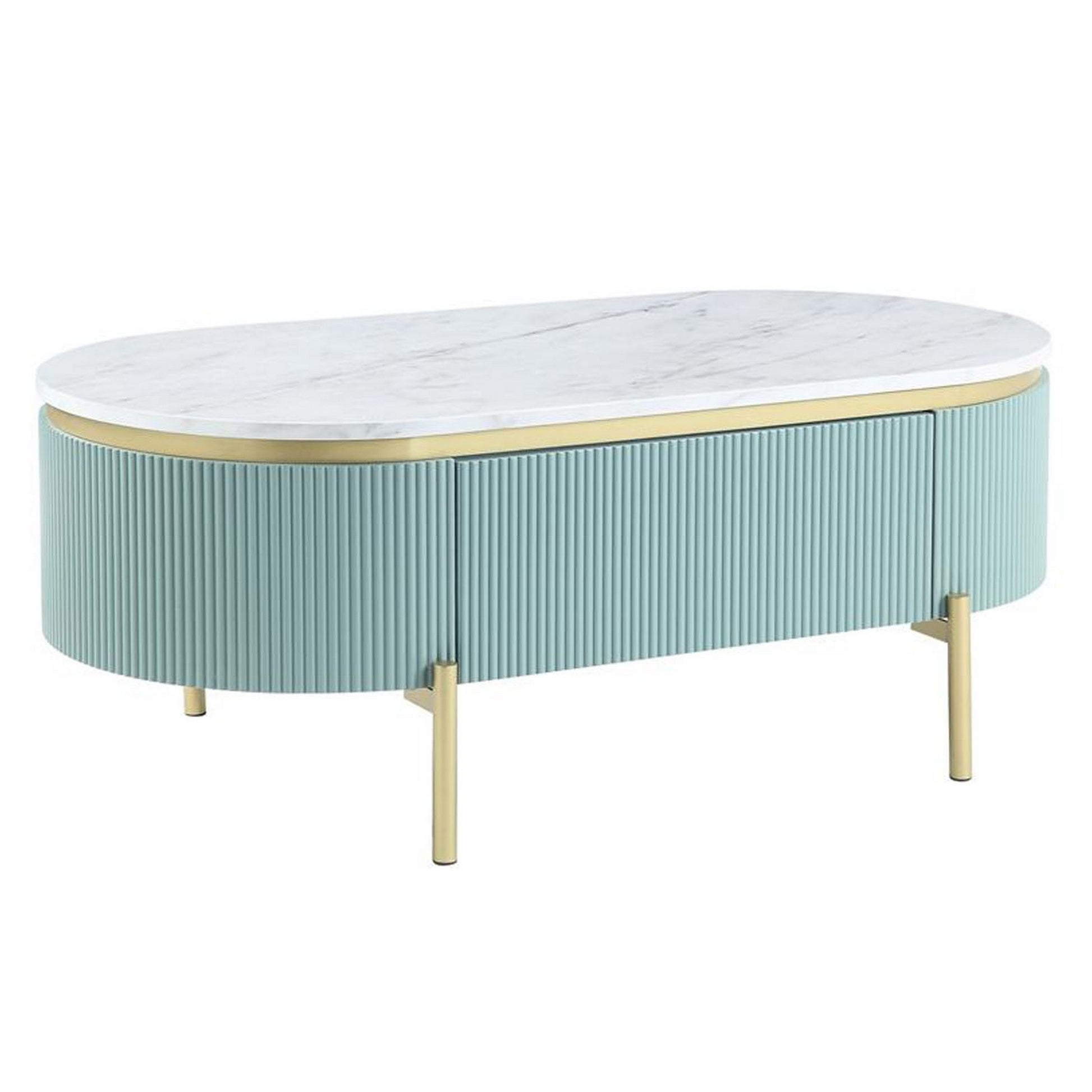 Ville 48’’ Oblong Coffee Table Faux Marble Top Teal White By Casagear Home BM300712