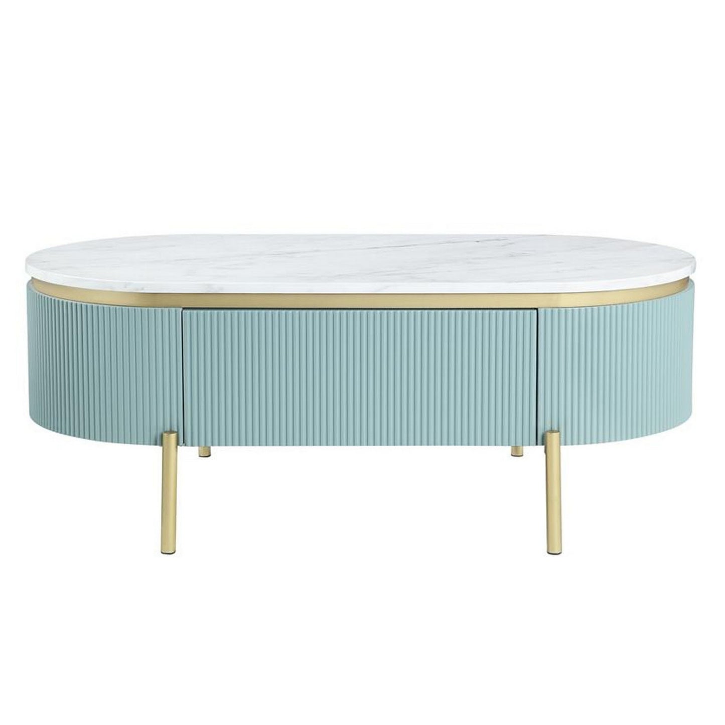 Ville 48’’ Oblong Coffee Table Faux Marble Top Teal White By Casagear Home BM300712