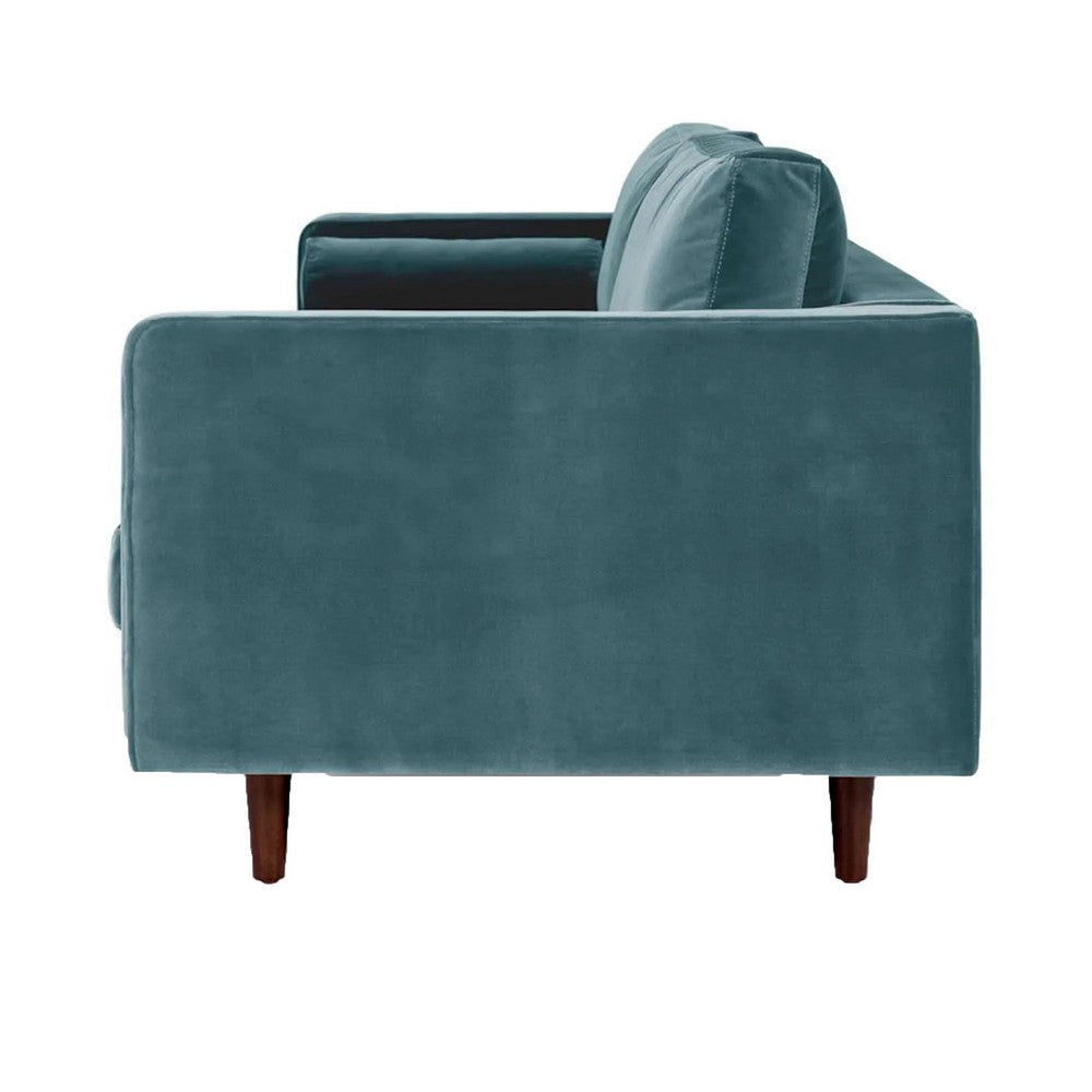 Yuko 88 Inch Loveseat with 2 Rolled Pillows Soft Blue Velvet Upholstery By Casagear Home BM300763