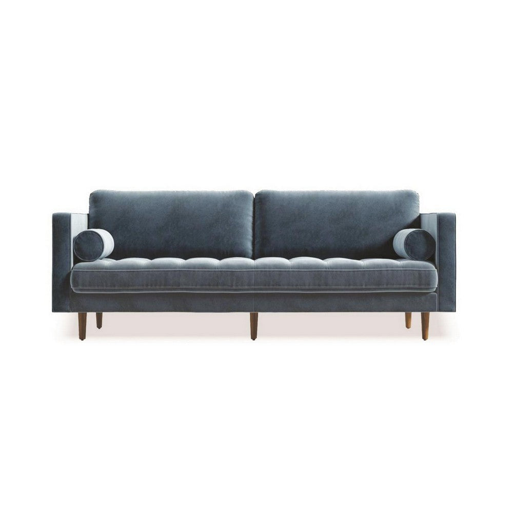 Yuko 88 Inch Loveseat with 2 Rolled Pillows, Soft Blue Velvet Upholstery By Casagear Home