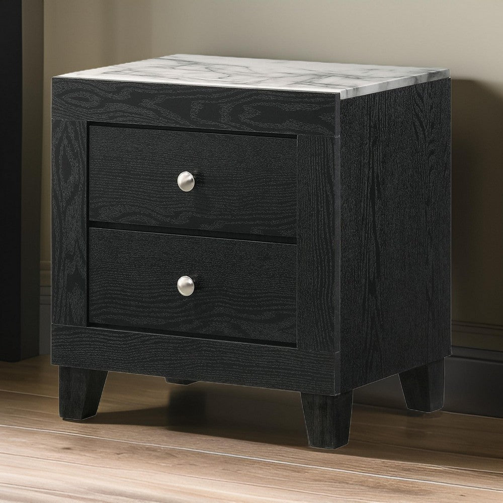 Yoh 23" 2 Drawer Nightstand, Marble Top, Metal Knobs, Black By Casagear Home