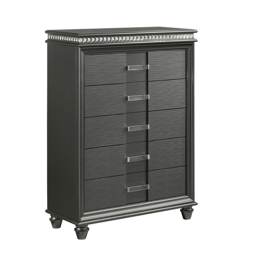 Bita 54 Inch Tall 5 Drawer Dresser Chest, Faux Diamond Trim, Gray Wood By Casagear Home