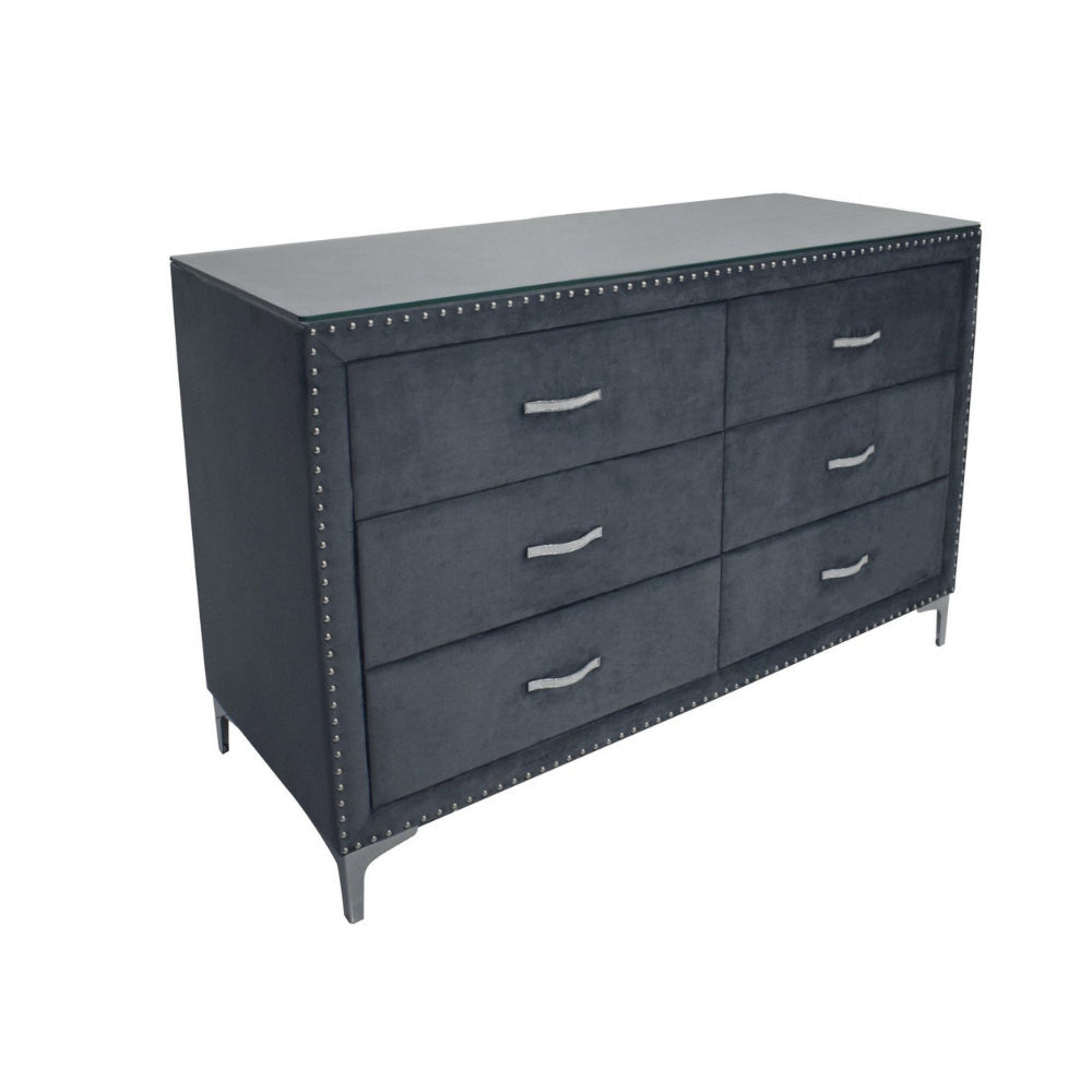 Moha 60 Inch Wide 6 Drawer Dresser, Glass Top, Gray Velvet Upholstered By Casagear Home