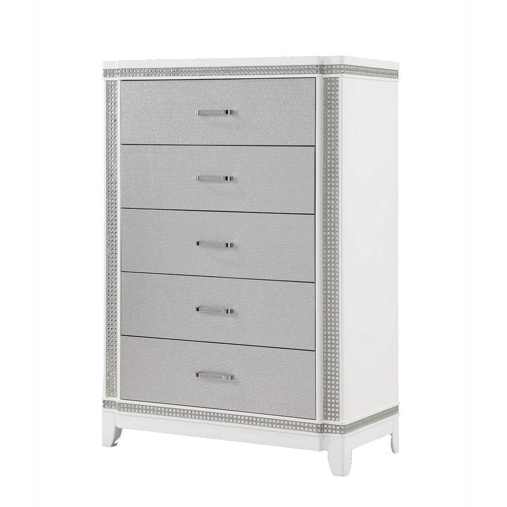 Abi 54 Inch Tall 5 Drawer Dresser Chest Textured Front Crystals White By Casagear Home BM300860