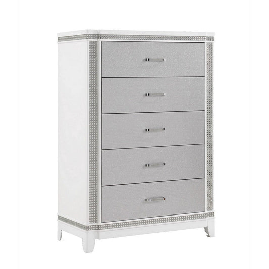 Abi 54 Inch Tall 5 Drawer Dresser Chest, Textured Front, Crystals, White By Casagear Home