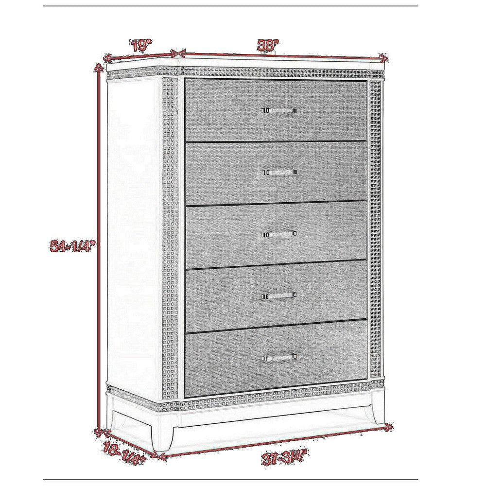 Abi 54 Inch Tall 5 Drawer Dresser Chest Textured Front Crystals White By Casagear Home BM300860