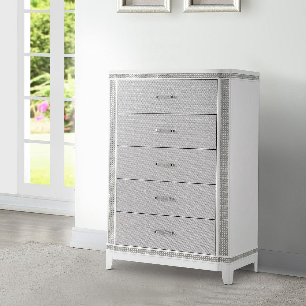 Abi 54 Inch Tall 5 Drawer Dresser Chest Textured Front Crystals White By Casagear Home BM300860