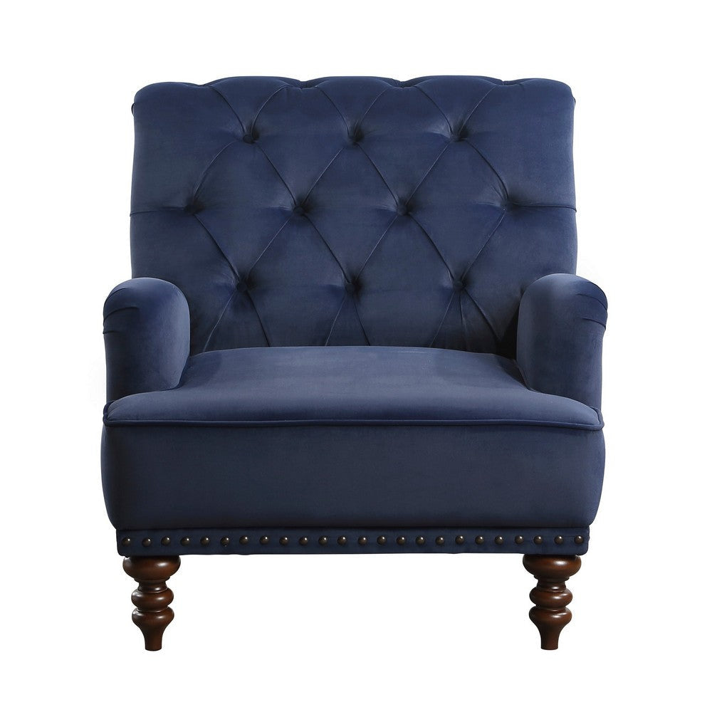 Parry 34 Inch Tufted Accent Chair Blue Velvet Fabric Brown Turned Legs By Casagear Home BM300941