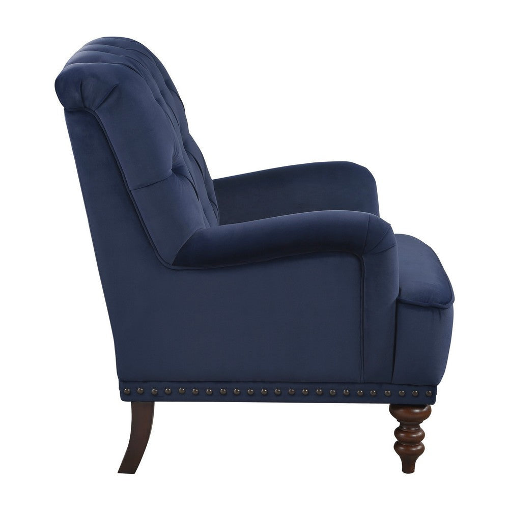 Parry 34 Inch Tufted Accent Chair Blue Velvet Fabric Brown Turned Legs By Casagear Home BM300941