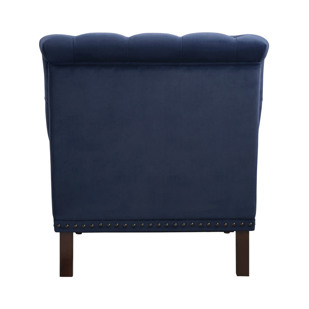 Parry 34 Inch Tufted Accent Chair Blue Velvet Fabric Brown Turned Legs By Casagear Home BM300941