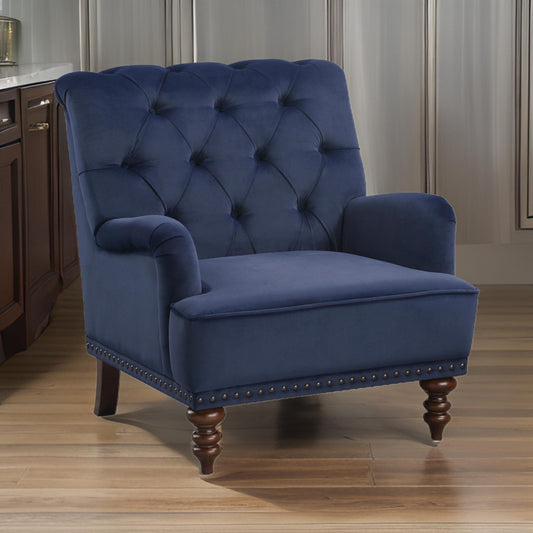 Parry 34 Inch Tufted Accent Chair, Blue Velvet Fabric, Brown Turned Legs By Casagear Home