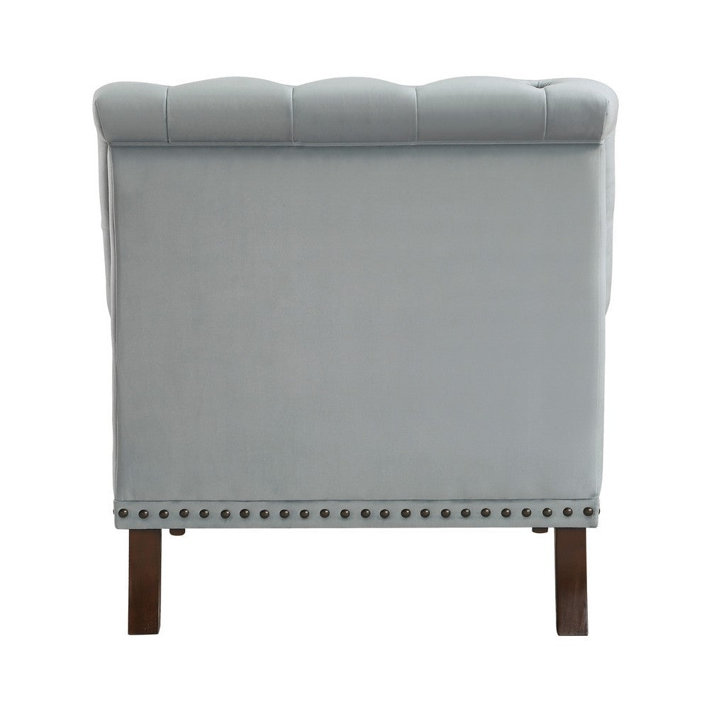 Parry 34 Inch Tufted Accent Chair Gray Velvet Fabric Brown Turned Legs By Casagear Home BM300942