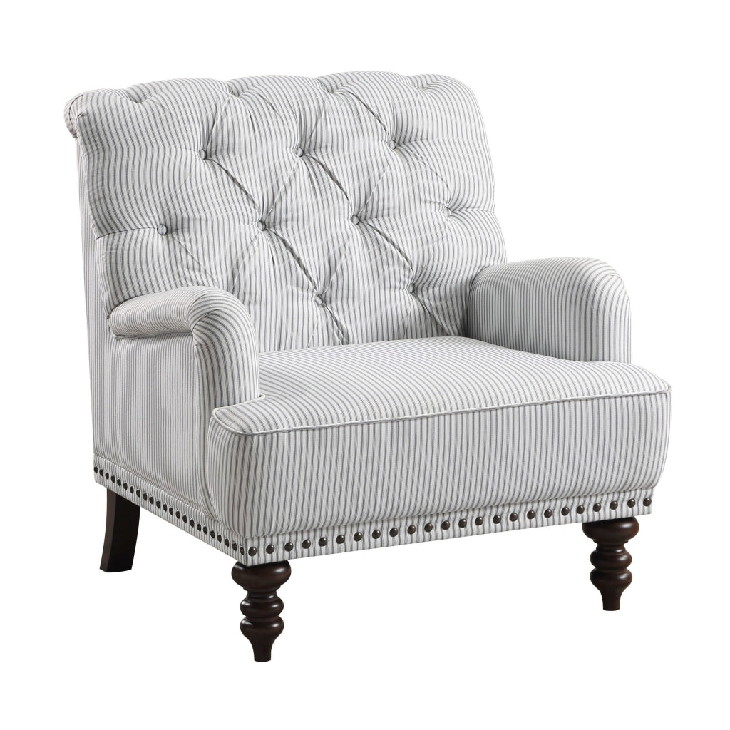 Parry 34 Inch Tufted Accent Chair Gray White Striped Fabric Turned Legs By Casagear Home BM300943