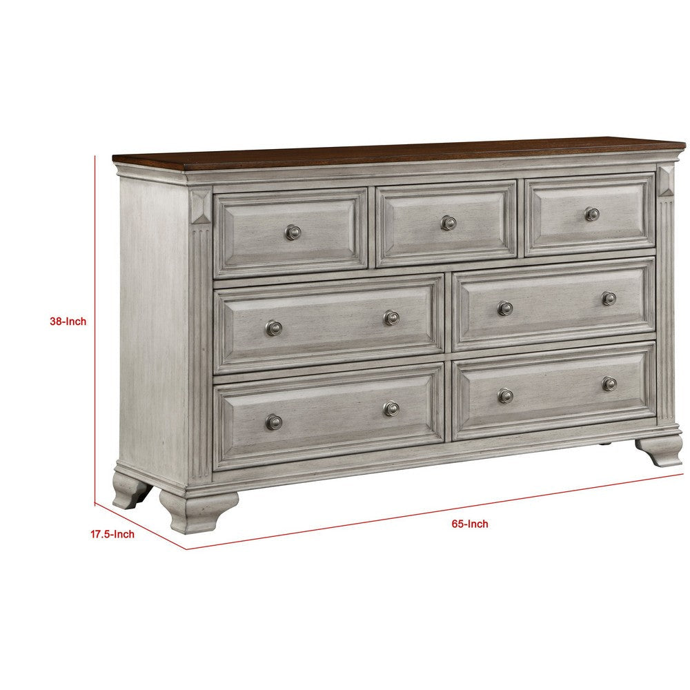 Kova 65 Inch Dual Tone Dresser 7 Drawers Routed Pilasters Gray Brown By Casagear Home BM300952