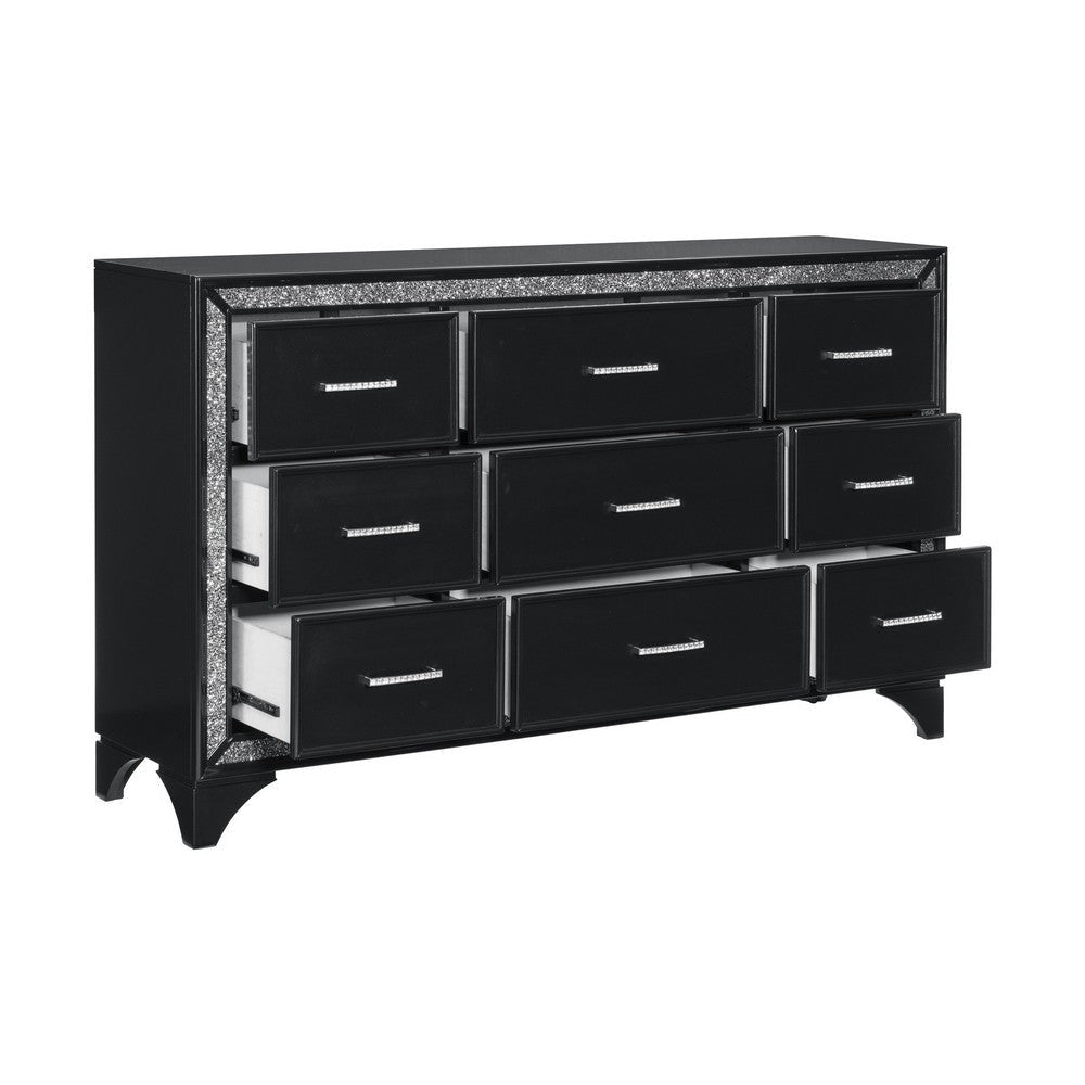 Oro 64 Inch Dresser 9 Drawers Silver Trim Chrome Bar Handles Black By Casagear Home BM300970