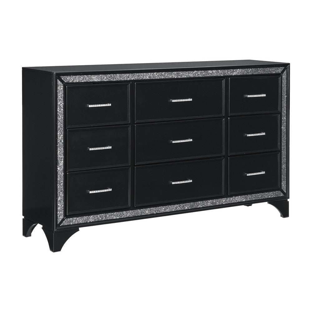 Oro 64 Inch Dresser, 9 Drawers, Silver Trim, Chrome Bar Handles, Black By Casagear Home