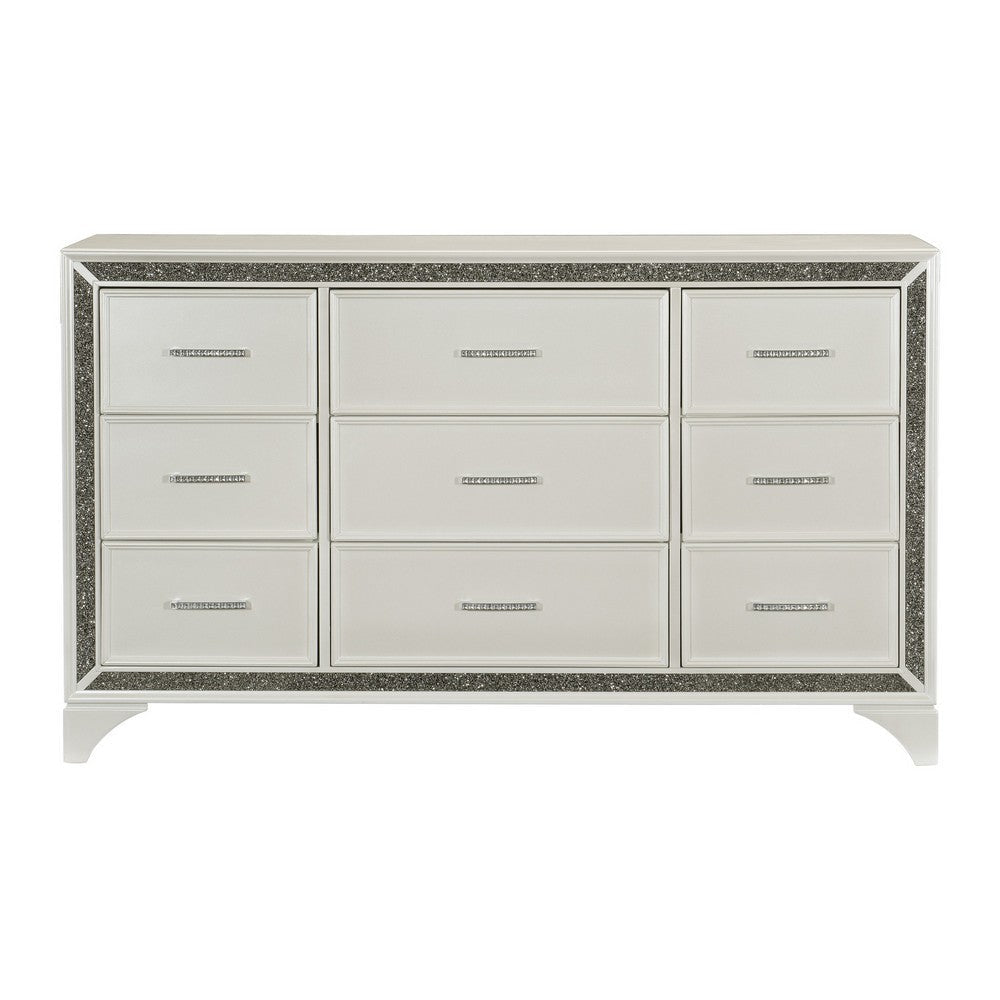 Oro 64 Inch Dresser 9 Drawers Silver Trim Chrome Bar Handles White By Casagear Home BM300973