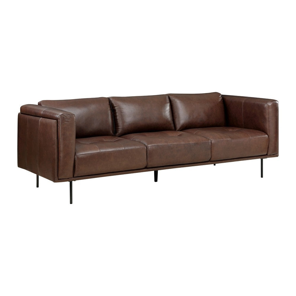 Sen 88 Inch Low Back Tufted Sofa, Brown Top Grain Leather, Metal Legs  By Casagear Home