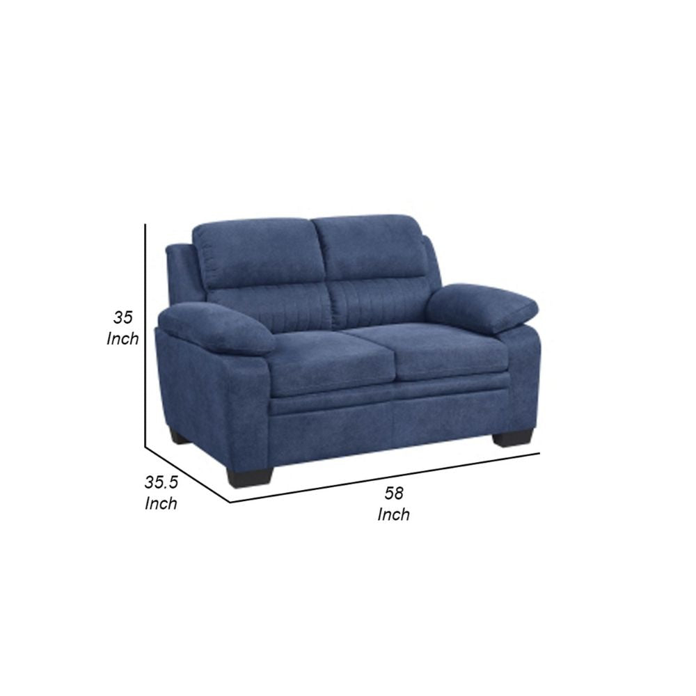 Hugh 58 Inch Loveseat Blue Fabric Pillow Armrests Channel Tufted Back By Casagear Home BM301136