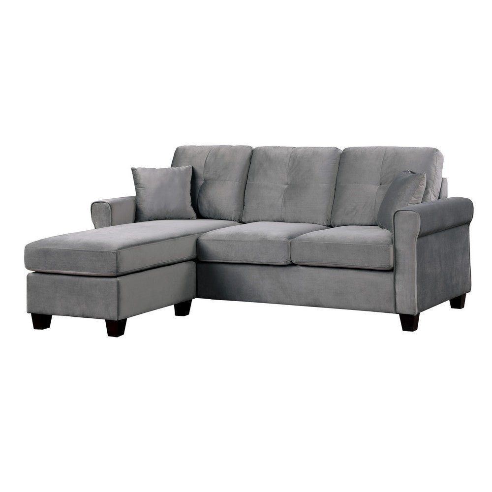 Daye 83 Inch Sectional Sofa Reversible Chaise Tufted Gray Velvet Fabric By Casagear Home BM301144