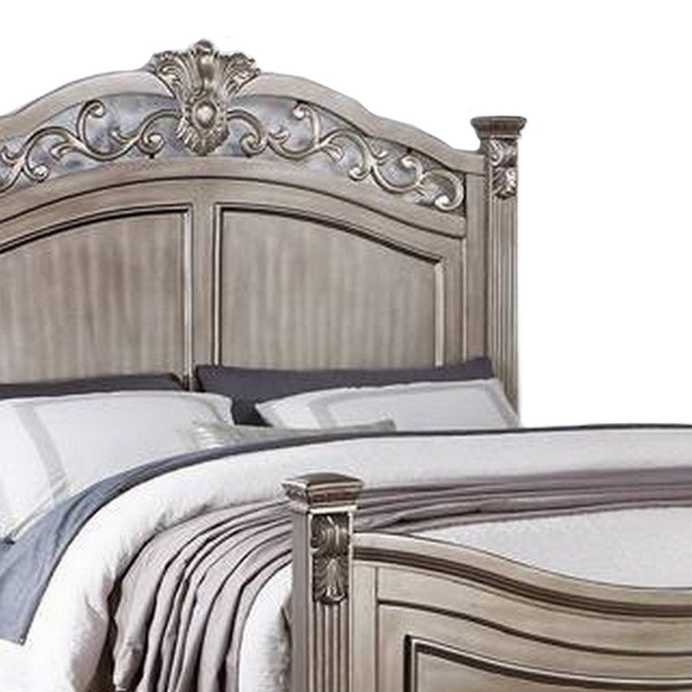 Aza Traditional Wood King Size Bed Leaf Carvings Champagne Gold Finish By Casagear Home BM301361