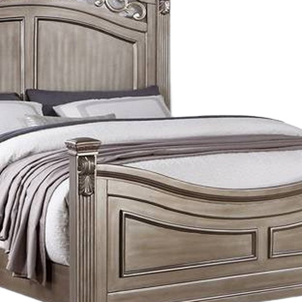 Aza Traditional Wood Queen Size Bed Leaf Carvings Champagne Gold Finish By Casagear Home BM301362