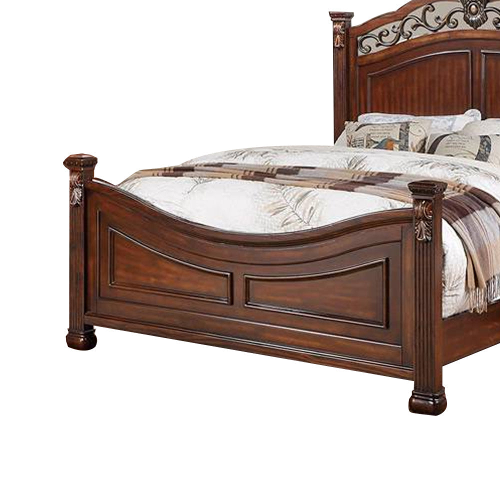 Aza Traditional Wood Queen Size Bed Leaf Carvings Rich Cherry Brown By Casagear Home BM301368