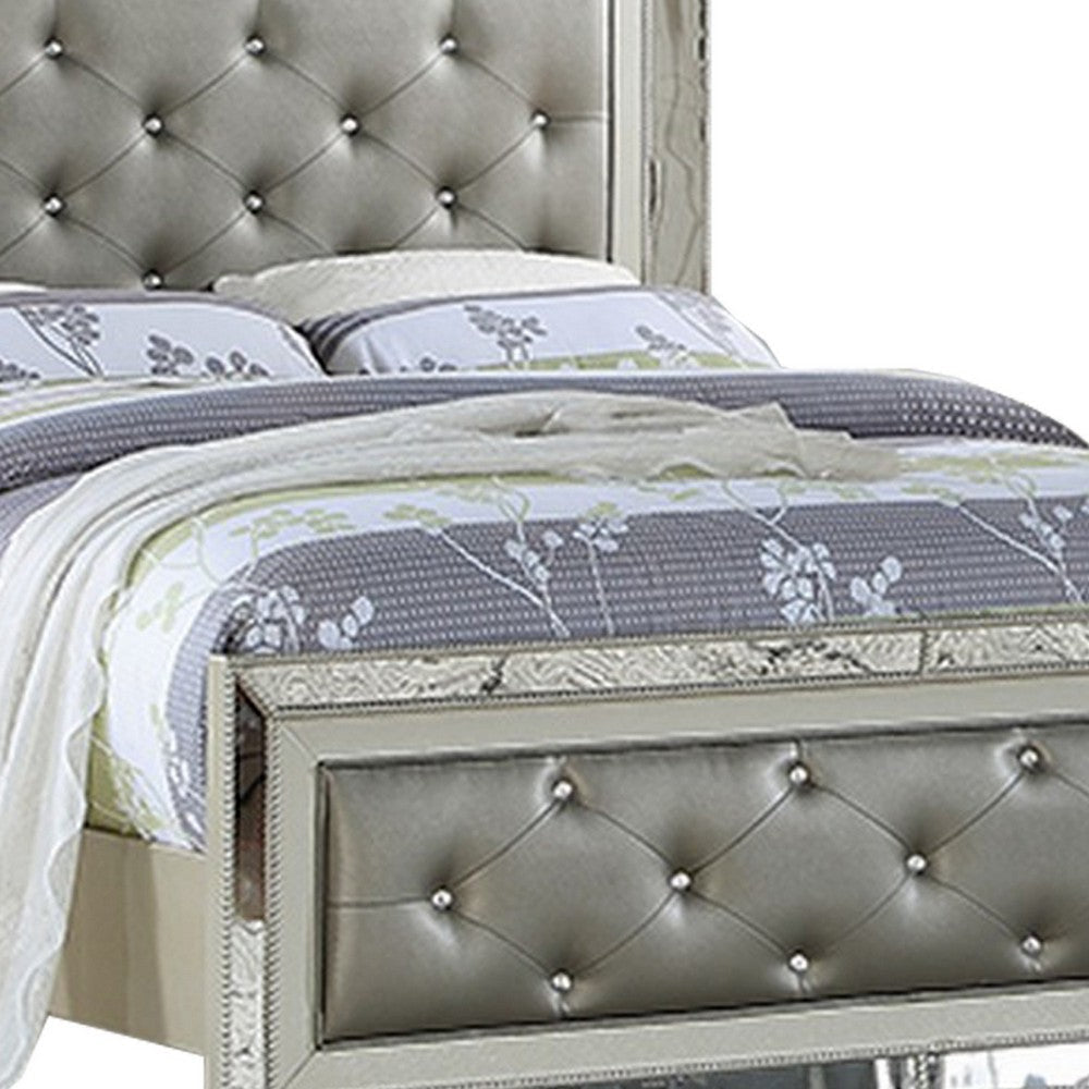 Reva King Bed Mirror Inlaid Button Tufted Gray Faux Leather Upholstery By Casagear Home BM301383