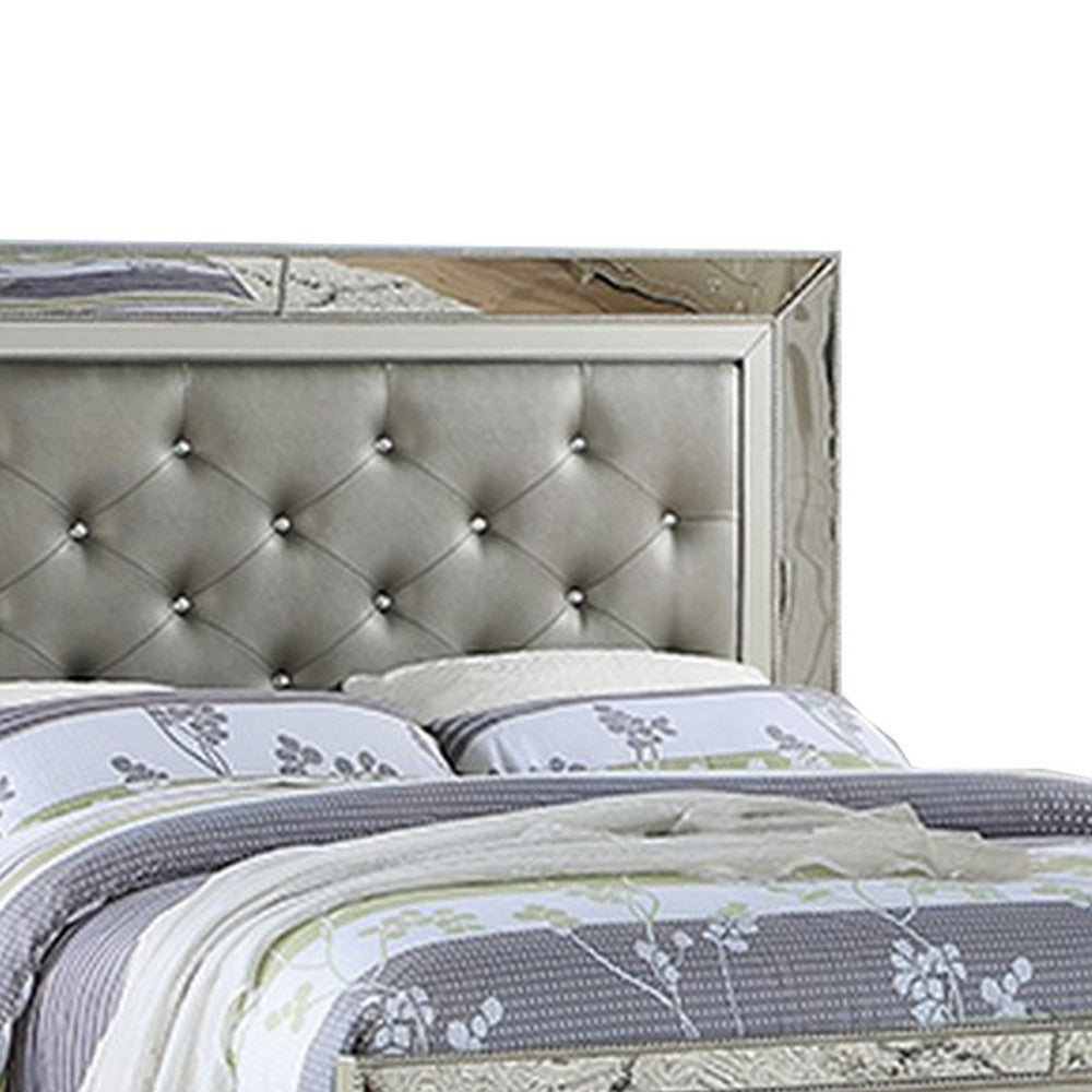 Reva King Bed Mirror Inlaid Button Tufted Gray Faux Leather Upholstery By Casagear Home BM301383