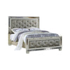 Reva King Bed, Mirror Inlaid, Button Tufted Gray Faux Leather Upholstery By Casagear Home