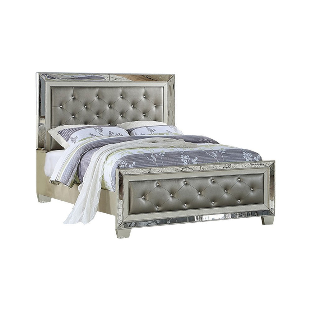 Reva Queen Bed, Mirror Inlaid, Button Tufted Gray Faux Leather Upholstery By Casagear Home