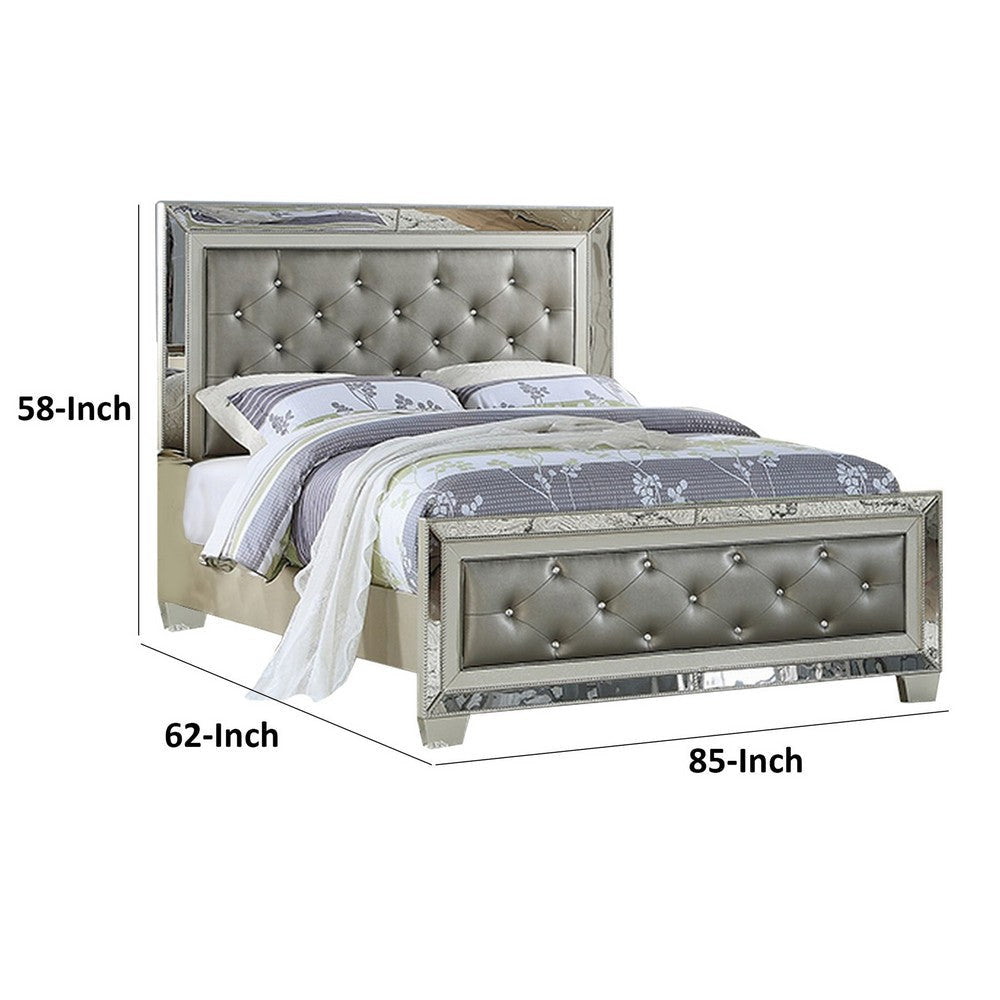 Reva Queen Bed Mirror Inlaid Button Tufted Gray Faux Leather Upholstery By Casagear Home BM301384