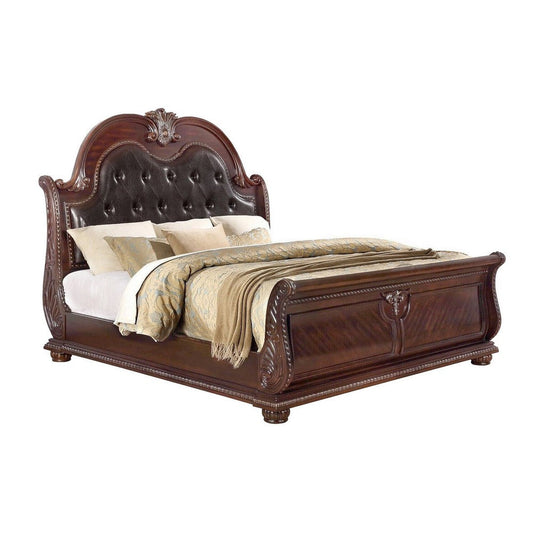 Mano Queen Bed, Faux Leather Upholstery, Classic Floral Carved, Brown Wood By Casagear Home