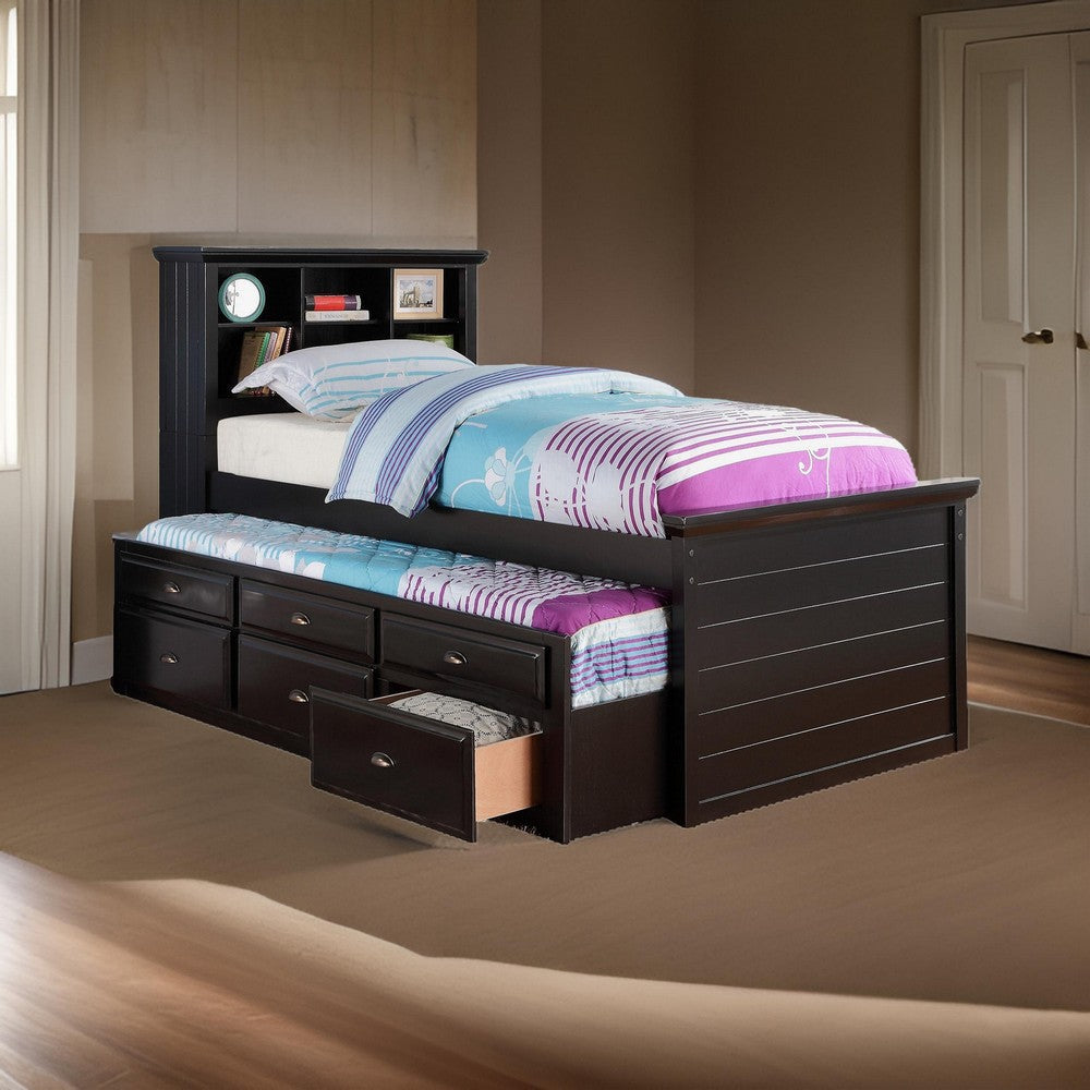 Toni Twin Size Trundle Bed with 6 Drawers Bookcase Headboard Black Wood By Casagear Home BM301417