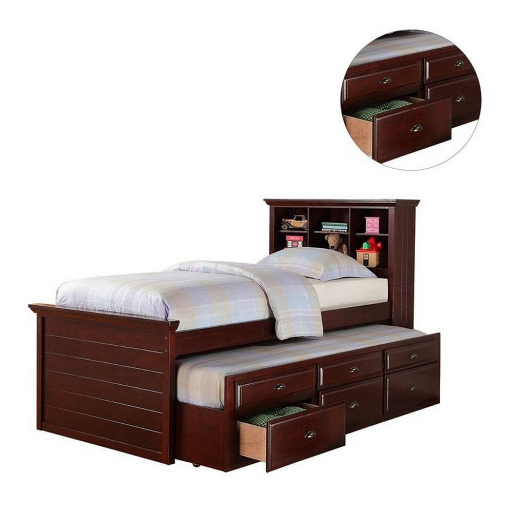 Toni Twin Size Trundle Bed with 6 Drawers Bookcase Headboard Brown Wood By Casagear Home BM301418